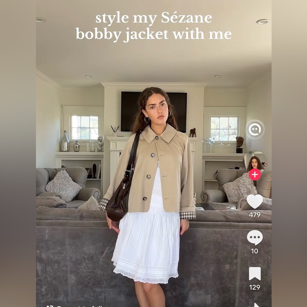 Sezane Bobby Jacket, Light Beige & Gingham, Oversized Cropped Trench, NWT Size 2 - Picture 11 of 16